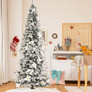 Snow Flocked Christmas Pencil Tree with Berries and Poinsettia Flowers- 8 ft