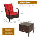 3 Pcs Patio Conversation Rattan Furniture Set with Glass Top Coffee Table and Cushions-Red