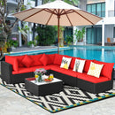 7-Piece Sectional Wicker Furniture Sofa Set with Tempered Glass Top-Red