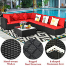 7-Piece Sectional Wicker Furniture Sofa Set with Tempered Glass Top-Red